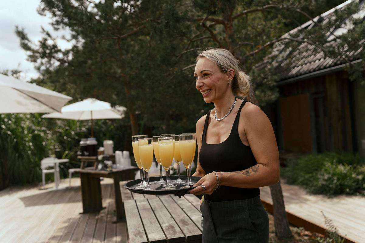 Frau mit einem Tablett voller Saftgläser auf der Holzterrasse im Garten
